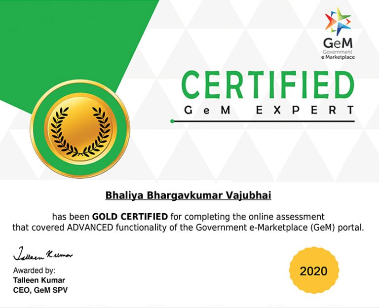 Gold Certified GeM Expert certificate for advanced GeM Registration and Government e Marketplace services