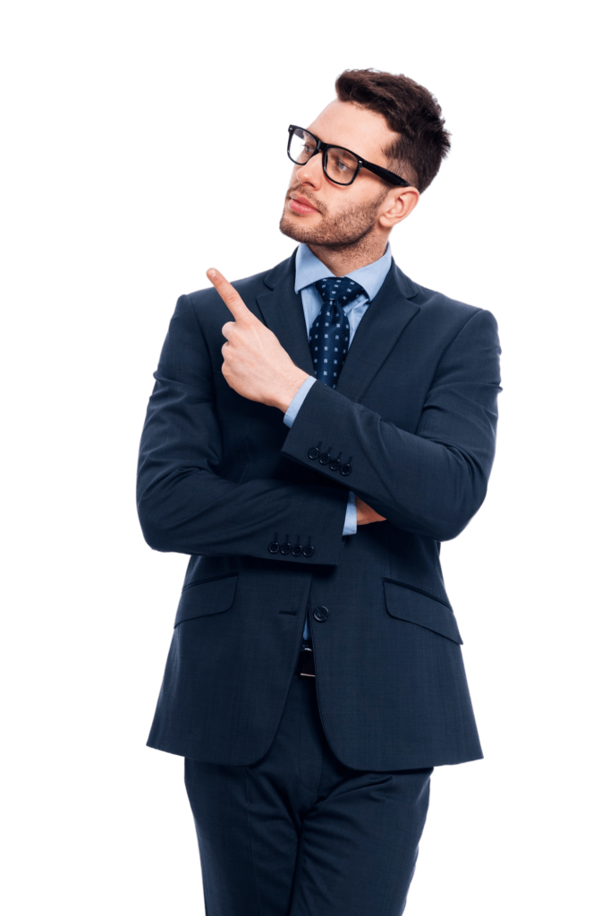 Business consulting services and strategic business solutions represented by a professional businessman pointing toward key opportunities and growth strategies